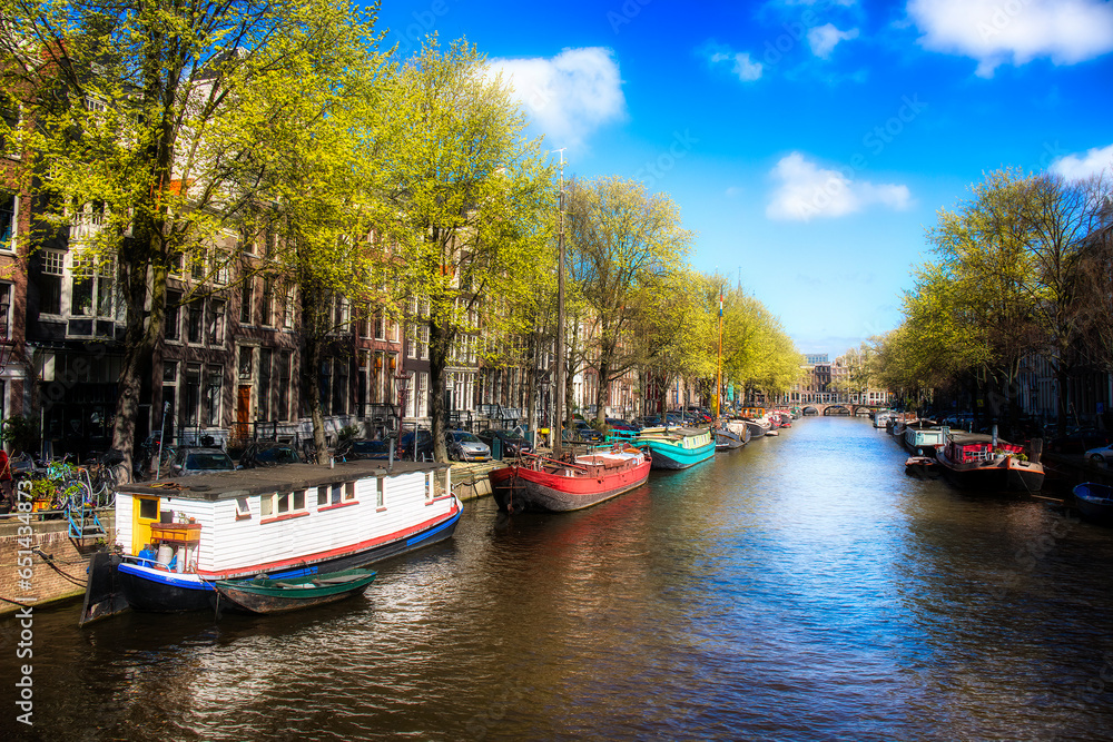Boats Moored in the Keizersgracht Canal in Amsterdam, Holland