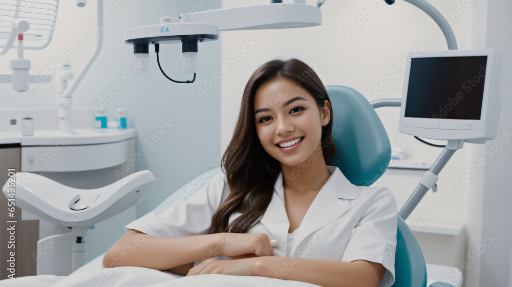 A photo of a adult woman client patient at dental clinic. AI A photo of a adult woman client patient at dental clinic. AI