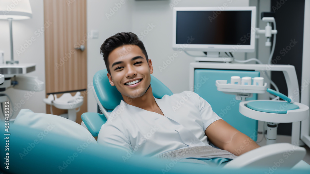 A photo of a handsome adult man client patient at dental clinic