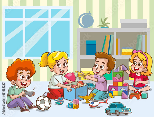 cute little kids playing with toys in preschool classroom