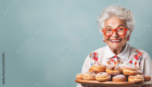 Cute grandmother with glasses baked homemade cakes