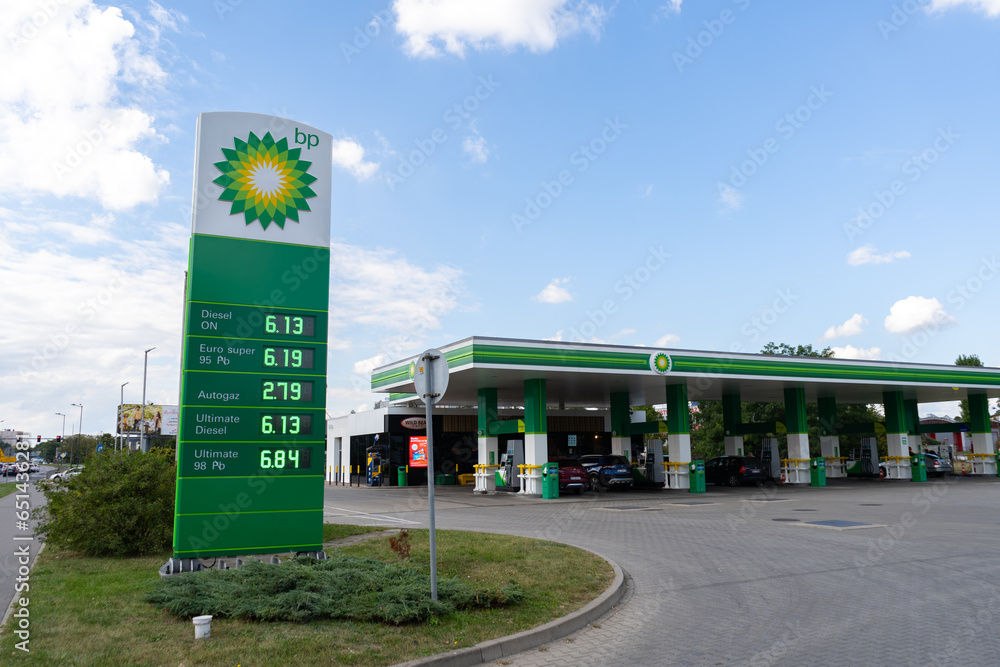 BP British Petroleum gas station with logo sign. Oil company filling