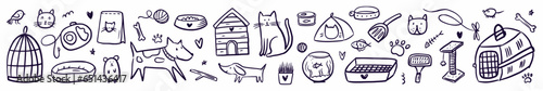 Vector horizontal collection of objects for pets, hand-drawn in the style of doodles.