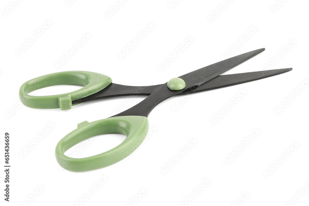 Scissors with green handle isolated on white background Scissors with green handle isolated on white background