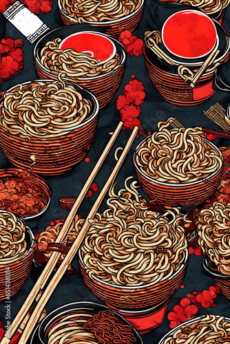 Illustrated poster of bowls full of ramen noodles and chopsticks.  photo