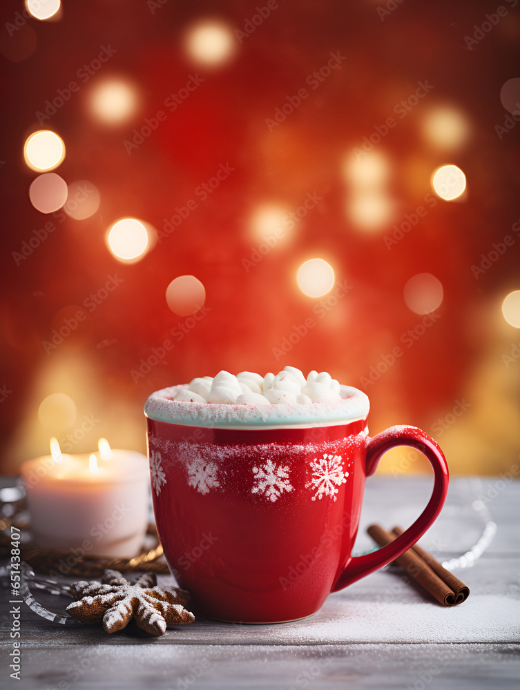Red mug with hot drink and marshmallows on top on a table, Christmas blurred lights in background Red mug with hot drink and marshmallows on top on a table, Christmas blurred lights in background