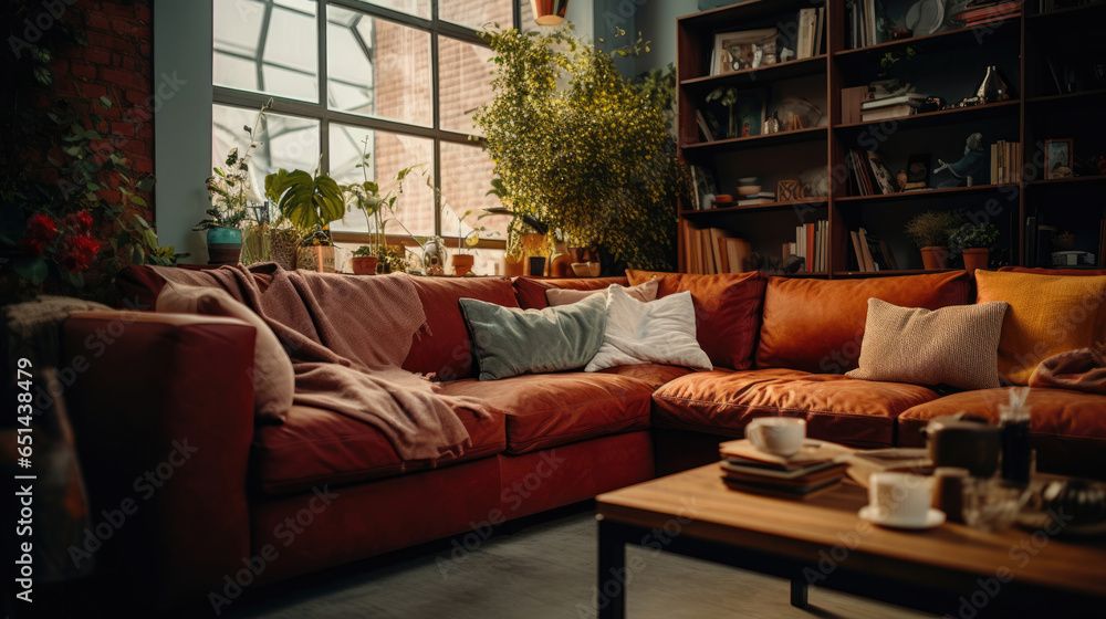 Cozy corners form on couches,  where friends chat and share stories - obrazy, fototapety, plakaty 