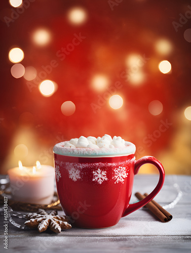 Red mug with hot drink and marshmallows on top on a table, Christmas blurred lights in background