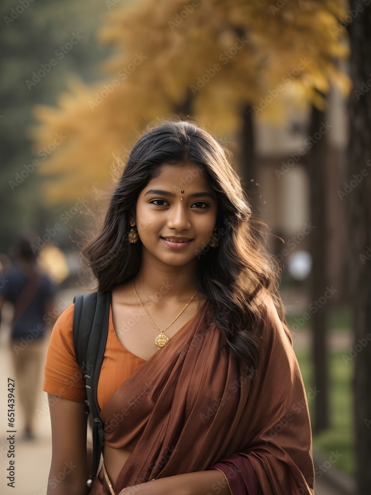 Young Indian girl walking on the college campus. Generative ai. Young Indian girl walking on the college campus. Generative ai.