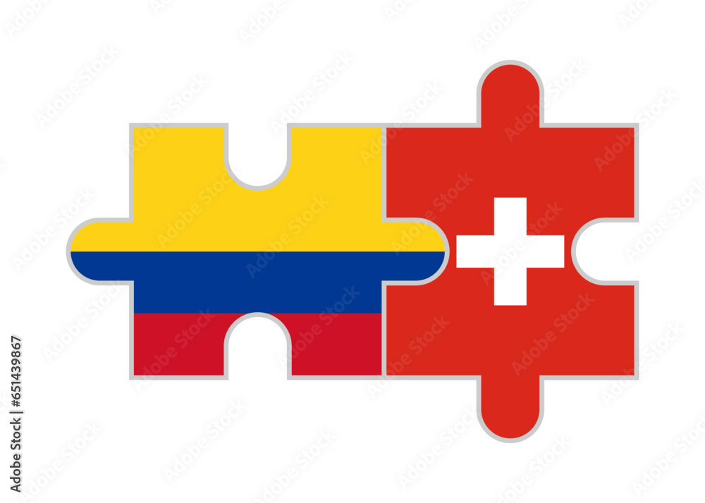 puzzle pieces of colombia and switzerland flags. vector illustration isolated on white background puzzle pieces of colombia and switzerland flags. vector illustration isolated on white background