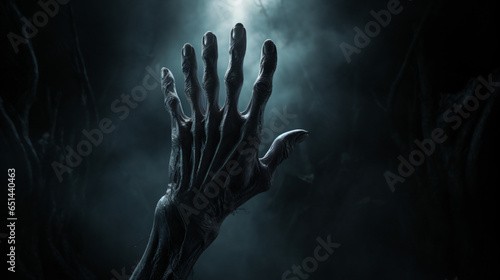 Zombie skeleton hand rising in dark Halloween night