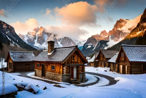 A rustic mountain village, tucked away in a valley surrounded by snow-capped peaks