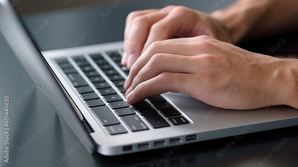 Close-up of male hands typing on laptop keyboard at table in office or home, ai generative Close-up of male hands typing on laptop keyboard at table in office or home, ai generative