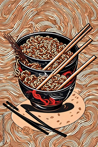 Illustrated poster of bowls full of ramen noodles and chopsticks.  photo