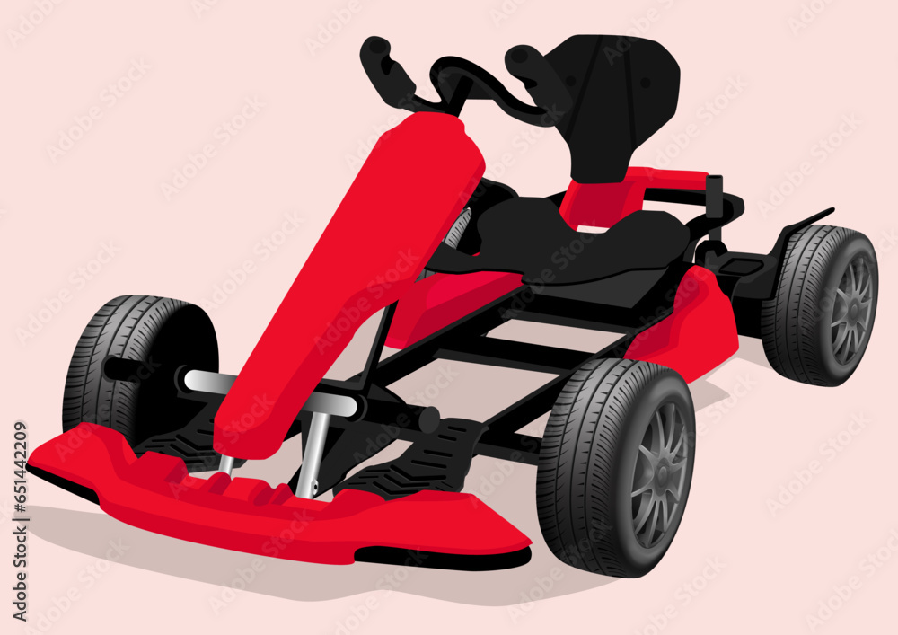 Flat vector illustration of red color Go Kart on light pink color background.
