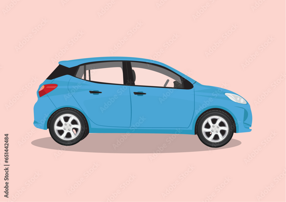 Vector illustration side view of blue hatchback mini car on light pink background.

