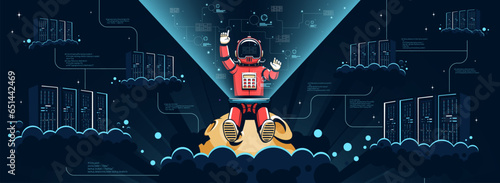 Astronaut in spacesuit sits on planet with holographic interface and controls servers in space. Vector illustration.