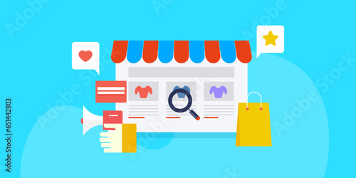 Ecommerce marketing, searching products on digital store, payment with bank card online shopping concept, vector illustration.