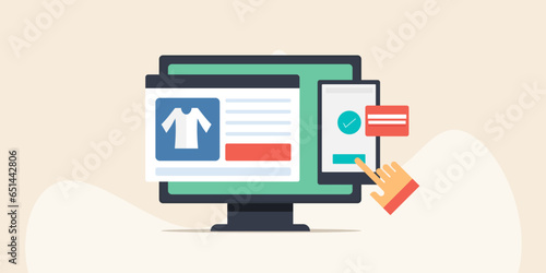 Shopping concept customer using mobile payment app, ecommerce business technology, digital transaction vector illustration template.