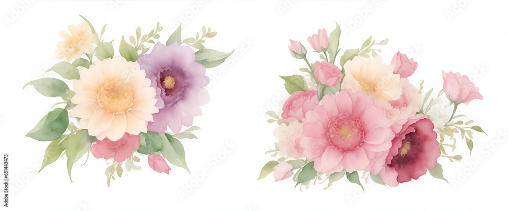 Set of Pink flower watercolor, colorful flowers, design bouquets. wedding bunch. Elements are isolated and editable. Pastel floral bouquet hand painted acrylic mint white pink wedding flowers.