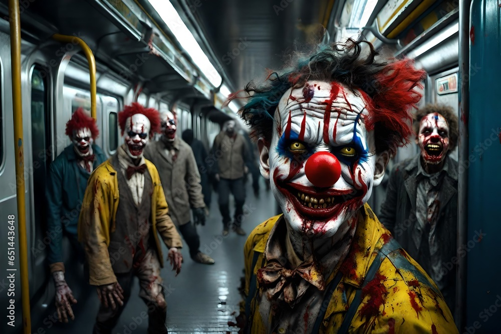 A scary Halloween Zombie clown riding a dirty New York city subway.