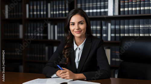 Portrait of young female lawyer sitting on wooden desk in office © AspctStyle