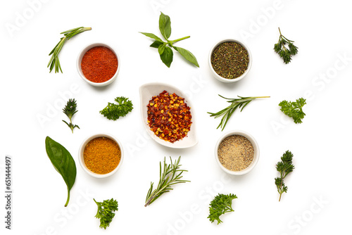 Fototapeta Naklejka Na Ścianę i Meble -  Composition with fresh aromatic spices and herbs on white background