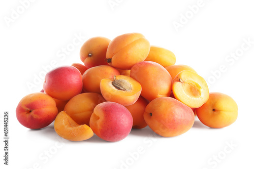 Heap of sweet apricots on white background