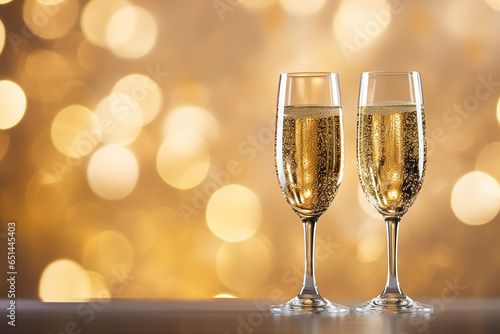 Champagne for festive cheers with gold sparkling bokeh background. Glasses of sparkling wine in front of tender bright gold bokeh.