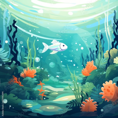 Gradient ocean with cartoon fish and seaweed, flat illustration © Olga
