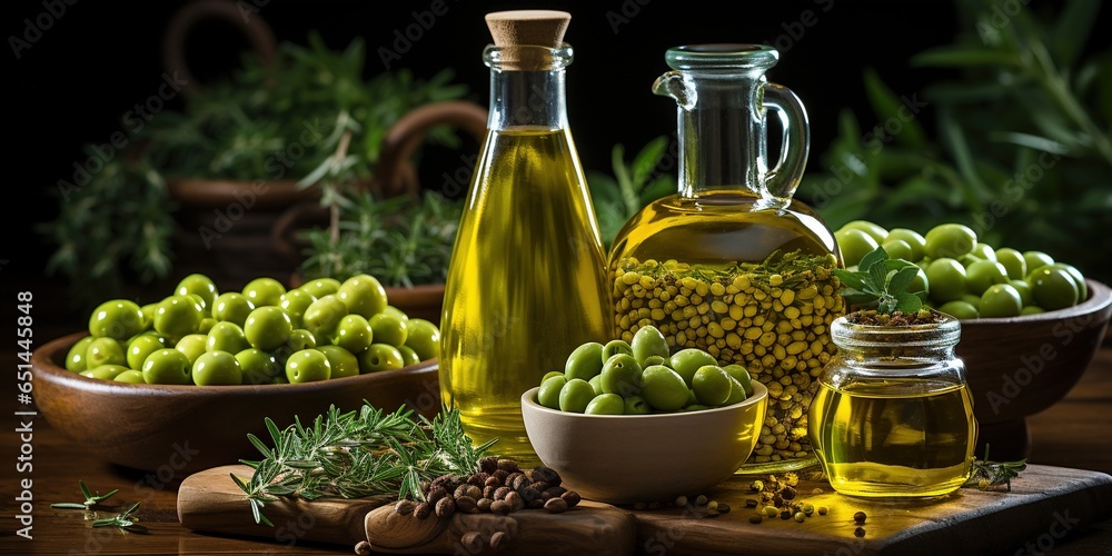 Bottles and carafes with olive oil and fresh olives on wooden table. Ingredients for cooking Bottles and carafes with olive oil and fresh olives on wooden table. Ingredients for cooking