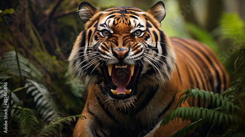Sumatran tiger with open mouth in forest