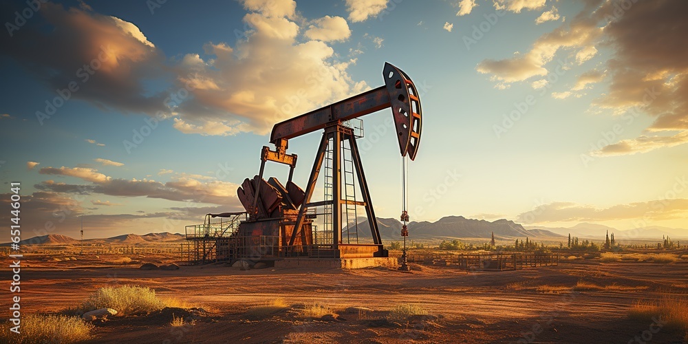 Crude oil pumpjack rig on desert silhouette in evening sunset, energy industrial machine for petroleum gas production background. - obrazy, fototapety, plakaty 