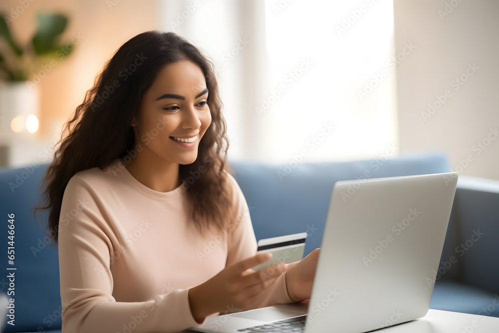 Happy hispanic young woman holding credit card and using laptop making payment online. Shopping, e-commerce, internet banking, spending money, working from home concept Happy hispanic young woman holding credit card and using laptop making payment online. Shopping, e-commerce, internet banking, spending money, working from home concept