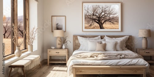 Mockup frame in a farmhouse style bedroom setting © Влада Яковенко