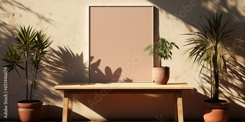 On a beige wall, a blank wooden picture frame is hanging. mock - up of an empty poster for a piece of outdoor art. a minimalist interior. overlay of shadowy palm foliage. Summertime style