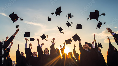 Group of cheerful student throwing graduation hats in the air celebrating, education concept with students celebrate success with hats and certificates