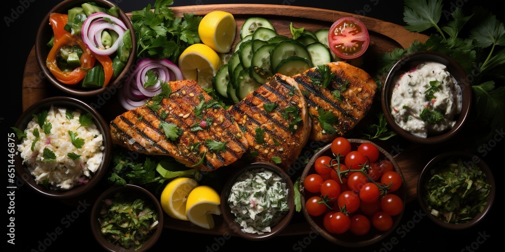 Fototapeta premium Selection of traditional greek food - salad, meze, pie, fish, tzatziki, dolma on wood background, top view