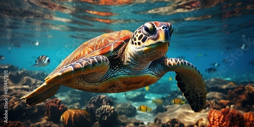 Turtle with group of colorful fish and sea animals with colorful coral underwater in ocean