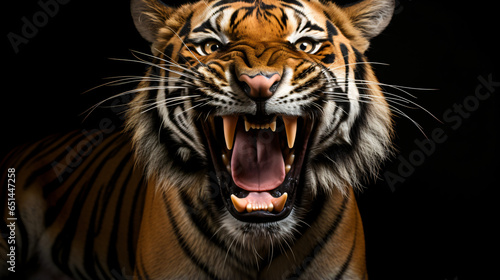Sumatran tiger with open mouth on black background