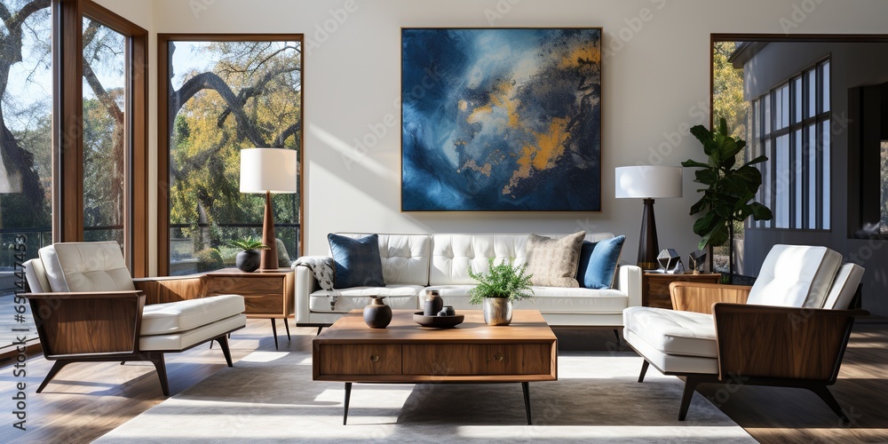 Elegance in Simplicity: Modern Living Room with White and Blue Accents