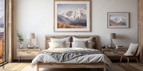 Frame mockup in farmhouse style bedroom setting, frame above bed