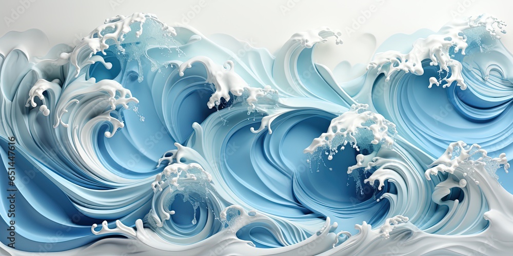 Solated waves on a blue ocean with white foam. Background is white. wide style - obrazy, fototapety, plakaty 