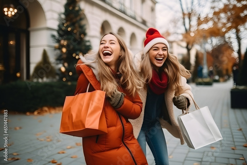 Portrait of happy smiling beautiful young woman friends enjoying shopping in the city