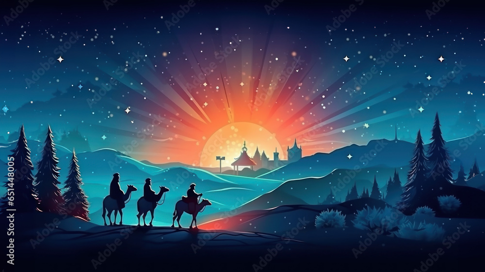 3 Wise Men silhouetted with room for copy created with Generative AI technology - obrazy, fototapety, plakaty 