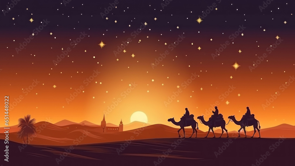 3 Wise Men silhouetted with room for copy created with Generative AI technology - obrazy, fototapety, plakaty 