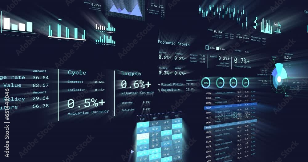 Animation of multiple graphs, loading circles, changing numbers, trading board over black background Animation of multiple graphs, loading circles, changing numbers, trading board over black background
