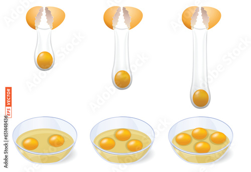 set of realistic shinny chicken eggs isolated or break egg shell and pour into a bowl concept. 3D Render