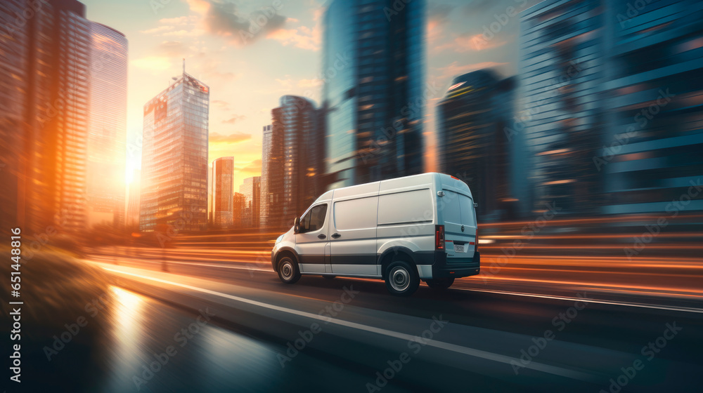White modern delivery small shipment cargo courier van moving fast on motorway road to city urban suburb. Business distribution and logistics express service. Mini bus driving on highway on sunny day.