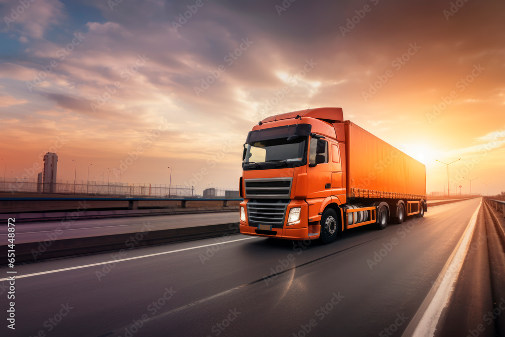 Obraz premium Truck with container on highway, cargo transportation concept